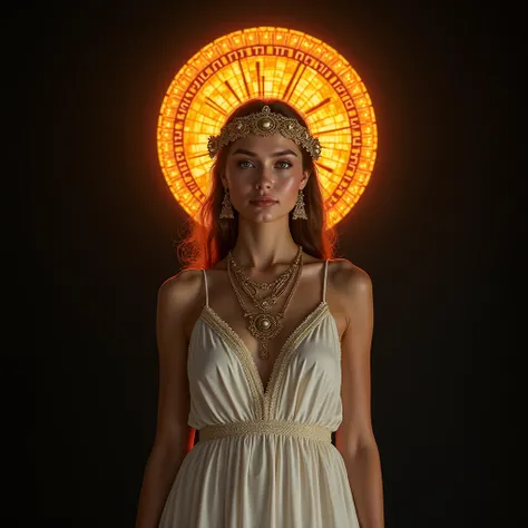 Please create an image of a pretty sun goddess in a white Greek goddess dress and goddess jewelry on a dark background with a film grain texture effect. A sign of the sun must have been created behind the head of the goddess. The goddess should face the ca...