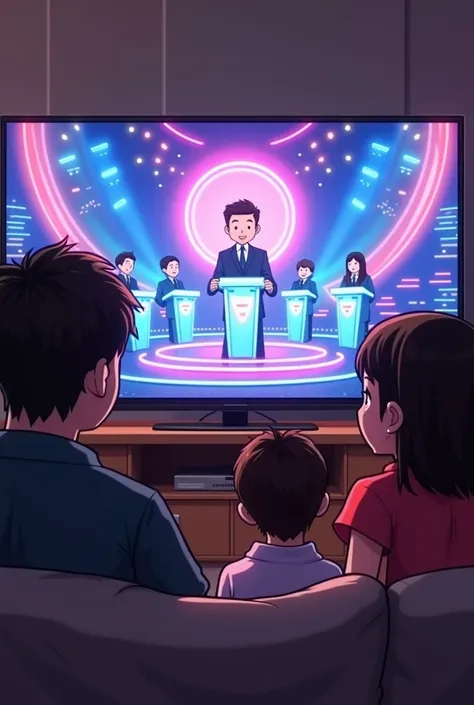 

Picture 2: The Game Show on TV

Setting: The large TV screen in front of the family shows a game show, with bright lights and colorful graphics. The host is standing in front of a podium with contestants in the background, focused on answering questions....