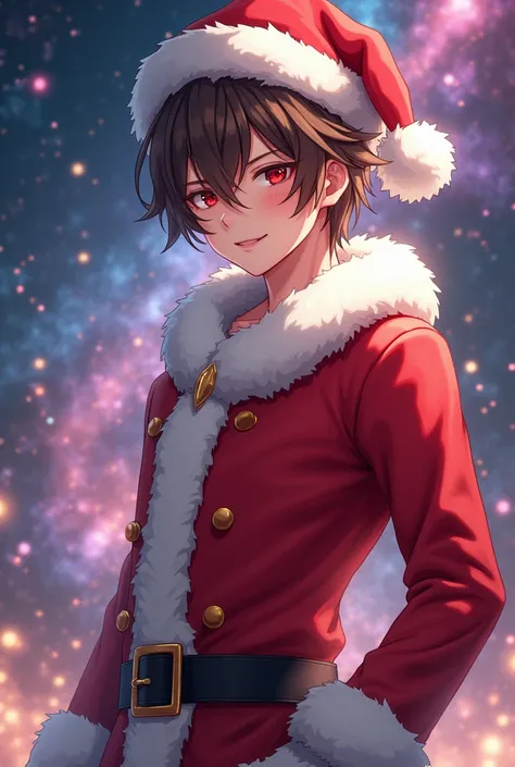 anime art style, male character, brown hair, red eyes, wearing a santa claus custome, galaxy background