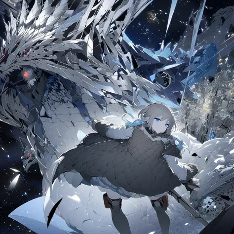 winter、 One girl ,  blue eyes,  gray hair、 shortcuts、 white skin、 miniskirt、dragon、Star、Night Sky、widescreen,  