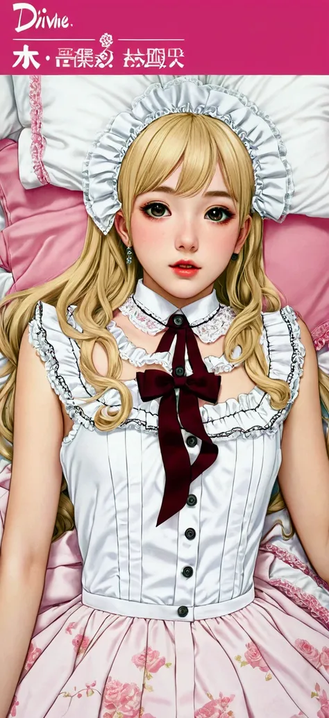 Girl in Lolita clothes 。 lying on your back in bed。 opens 3 buttons and flaps her chest