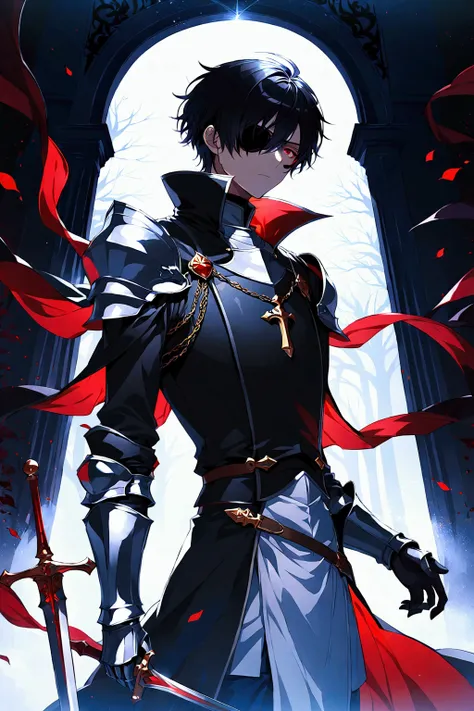 Illustration, top quality, pixiv illustration, very detailed animation, (alone) (male), left eye patch, black hair, short hair, red eyes, knight, dark mansion background, black clothes, dramatic lighting