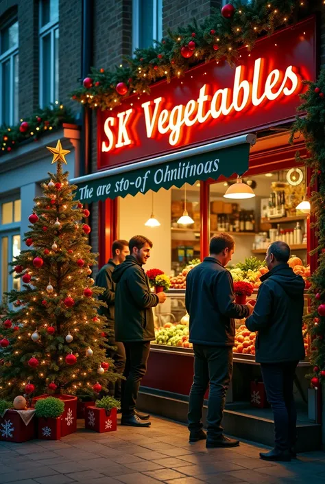 The SK vegetable shop is celebrating Christmas with their beautiful customers. The picture should be taken from the outside of the shop and they kept a Christmas tree with colourful lights and the shop name board was clearly visible and the name "SK Vegeta...