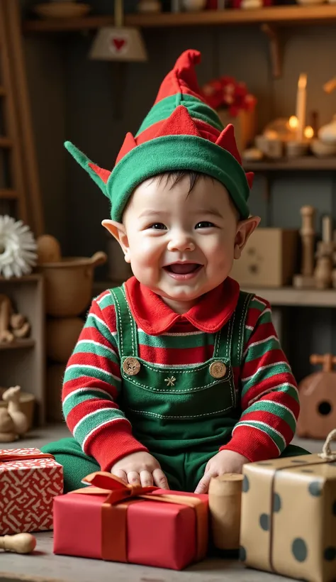 A cheerful baby in a realistic Christmas elf costume, featuring a soft striped green and red outfit with intricate stitching and a slightly wrinkled pointy hat, surrounded by tiny wrapped presents and lifelike wooden tools in a detailed toy-making workshop...