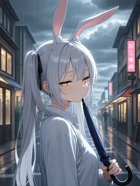 1girl, masterpiece, outdoors, upper body, from side, city, street, yellow eyes, twintails, silver hair, looking at viewer, jacked, cloudy sky, long hair, building, animal ears, half-closed eyes, rabbit ears, storm, holding umbrella,