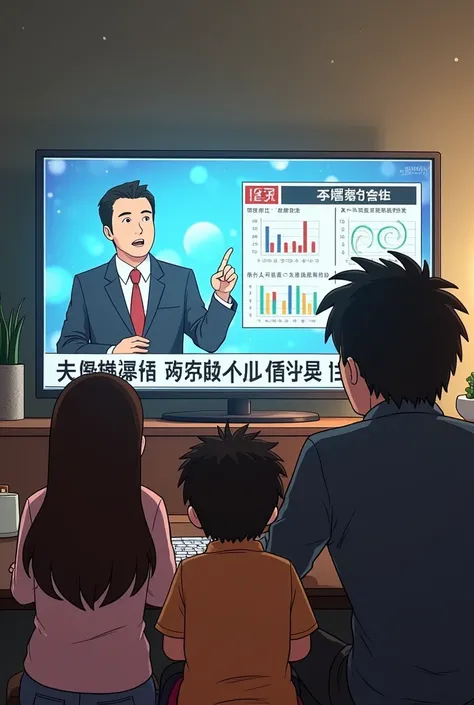 Picture 4: Business News on TV

Setting: The TV screen now shows a news program with business professionals discussing the latest updates. There are graphs, statistics, and images of business people on the screen.
Characters: The Lee family (brown hair, no...