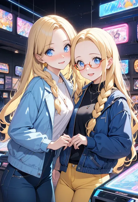 Shown side by side, (2 girls are beautiful and charming body style), ((Each girl has a unique appearance)). BREAK. (a First girl is ultra cute, cute smile, vivid blue hair, forehead long hair, cute blue eyes, small tits), in a casual blue Jacket, denim jea...