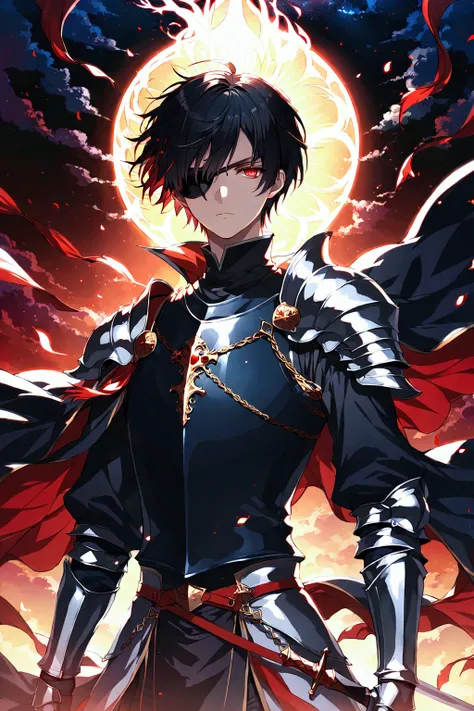 Illustration, top quality, pixiv illustration, very detailed animation, (alone) (male), left eye patch, black hair, short hair, red eyes, knight, fantasy background, black clothes, dramatic lighting