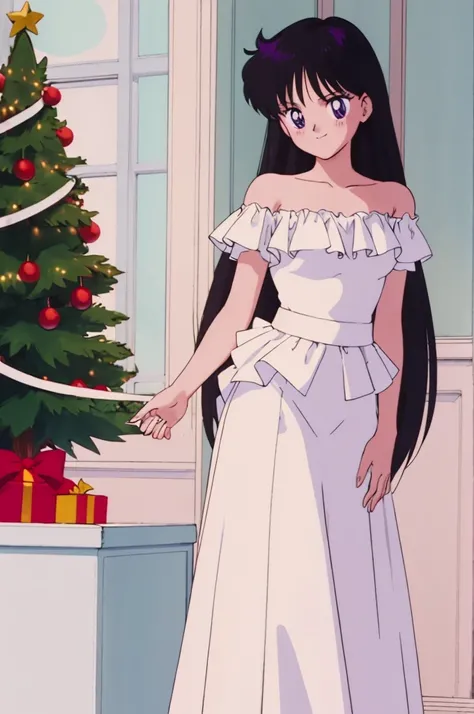 (retro anime girl:1.2), (white dress:1.1), (masterpiece:1.2), (best quality), (ultra detailed), (8k,4k), (half body:1.2), (cowboy:1.2), (close up:1.2), (highly detailed:1.2), (Ruffle Off-the-shoulder top:1.4), (Maxi skirt:1.4), Rei Hino, 1 girl, solo, Best...