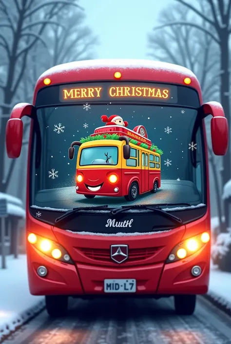 Bus logo wishing  merry Christmas and happy new year and name Muth tours and travels on wind shield 