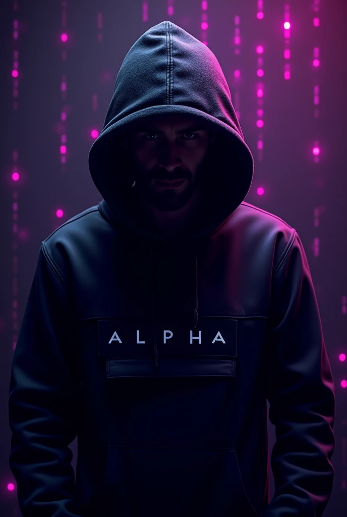  create a logo with the colors black and purple with the name  "ALPHA Hacker"  and in the background of the image place some binary code effects in shades of purple and blue,  I want a man with a hoodie all black like "Hacker"
