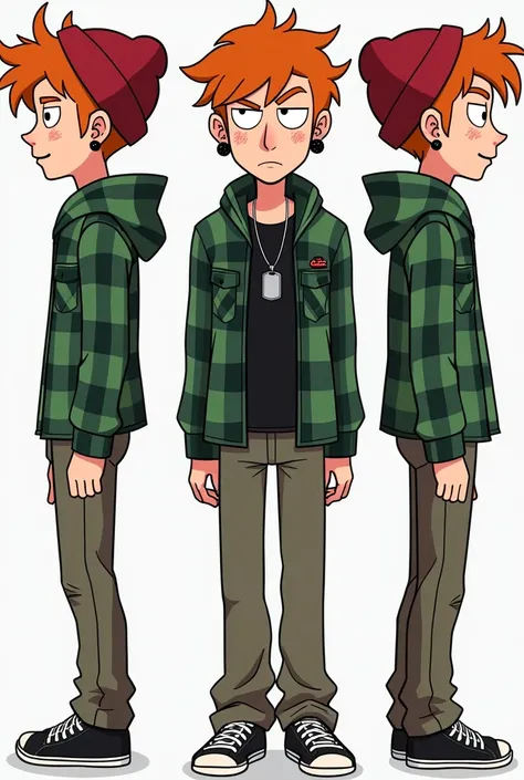 Screenshot screencap cartoon Gravity Falls, short, messy ginger hair with a natural curl, adding to his relaxed and carefree appearance. He wears a red beanie, casually pushed back, showcasing his freckled face and a sly, confident smile. His style feature...