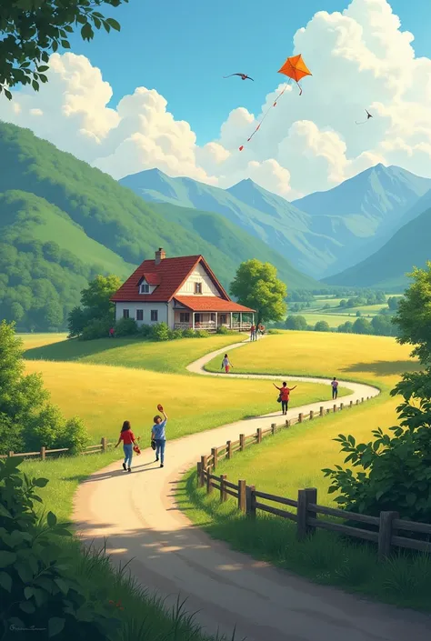 The atmosphere of the country house, and the beautiful road, and the ren who play kites in the field are in the middle of the day, by enjoying the natural scenery, and the beautiful mountains, photography, HD