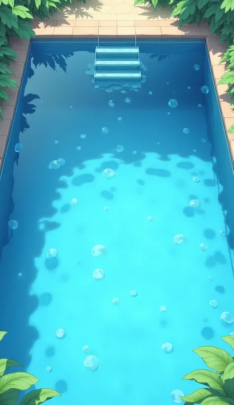 photo of a swimming pool after decantation with dirt at the bottom of the pool and its surface is very blue, anime style