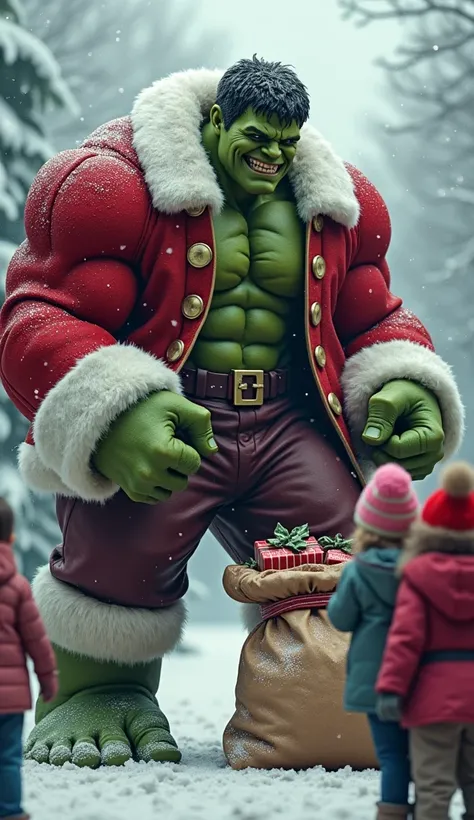 "A realistic hybrid character combining the features of the Hulk and Santa Claus, set in a snowy background. The figure has the muscular green face and physique of the Hulk, with a smiling face. He is dressed in a modified red Santa suit with white fur tri...