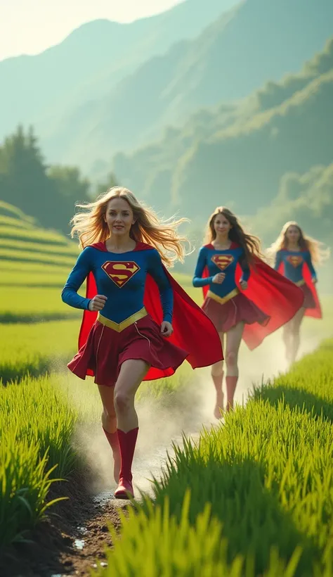 beautiful women cosplayer supergirls,  Running, background rice hill water 