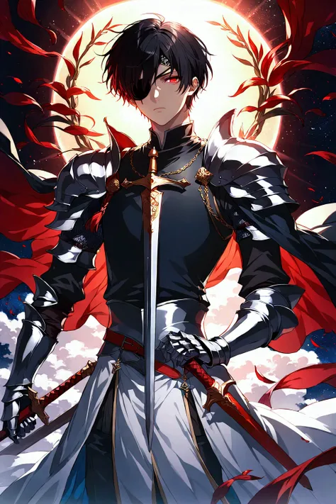 Illustration, top quality, pixiv illustration, very detailed animation, (alone) (male), left eye patch, black hair, short hair, red eyes, knight, fantasy background, black clothes, dramatic lighting