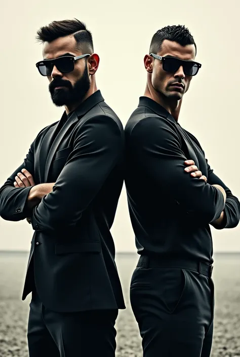 VIRAT KOHLI AND RONALDO STANDING LIKE GANGSTER AND BOTH ARE WEARING SUNGLASSES COLOR BLACK AND  STANDING LIKE ANIMAL PLEASE GANERATE THIS TYPE PHOTO