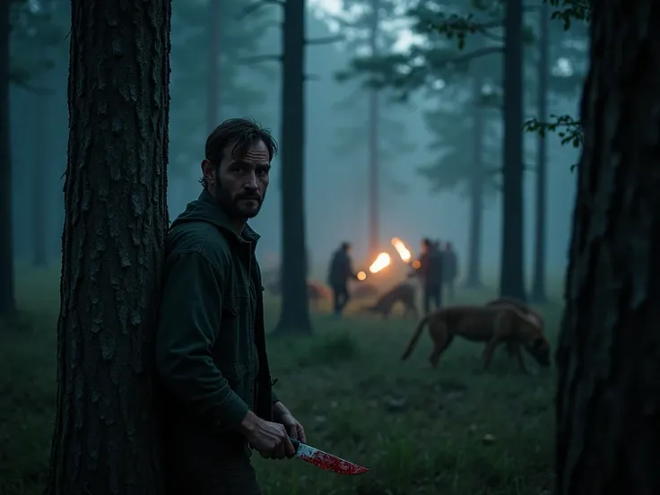 "A tense, cinematic scene in a dense, dark forest during twilight, with a rugged, exhausted man hiding behind a tree, clutching a blood-stained knife. In the background, shadowy figures of enemies are faintly visible, searching with torches. A pack of glow...