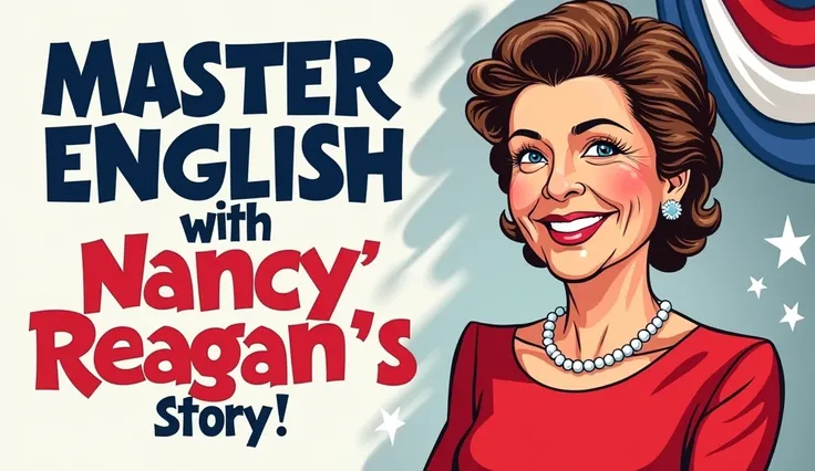 A bold cartoon-style digital illustration of Nancy Reagan as a large, prominent character taking up most of the screen. Nancy is depicted in a red dress with pearls, smiling warmly and confidently. On the left side, large, oversized text reads MASTER ENGLI...