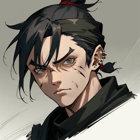 Old man, graying black hair in low ponytail, scars on the body, dark brown eyes, piercing and intimidating gaze, cut scars on the body and face, wearing a gray overcoat and standard jounin uniform underneath, konoha bandana on the boat, ninja village backg...