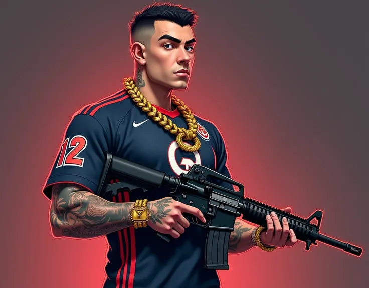  A stylized character ,  team jersey holding a realistic assault rifle, like an M4 .  He has tattoos on his arms and is wearing gold accessories,  like a luxury watch and thick chain . short haircut and gradient