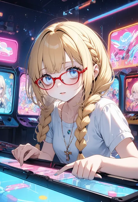 pov, surprise shot, (beautiful and charming body style). BREAK. (introverted girl is age 16), (surprise:1.3 face with Freckles), vivid blonde hair, braids and low twintail hair, long hair, (((bags under eyes))) and blue eyes, red frame glasses, small tits)...