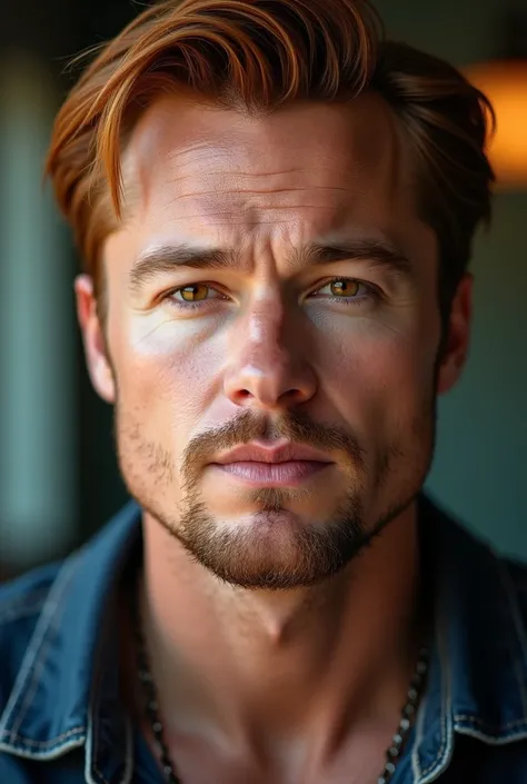 Make a white-skinned man ,  amber eyes, Short red-haired hair with a copper nose that looks almost 40 and 50 that looks a little but not very similar to Brad Pitt and Leonardo Dicaprio 