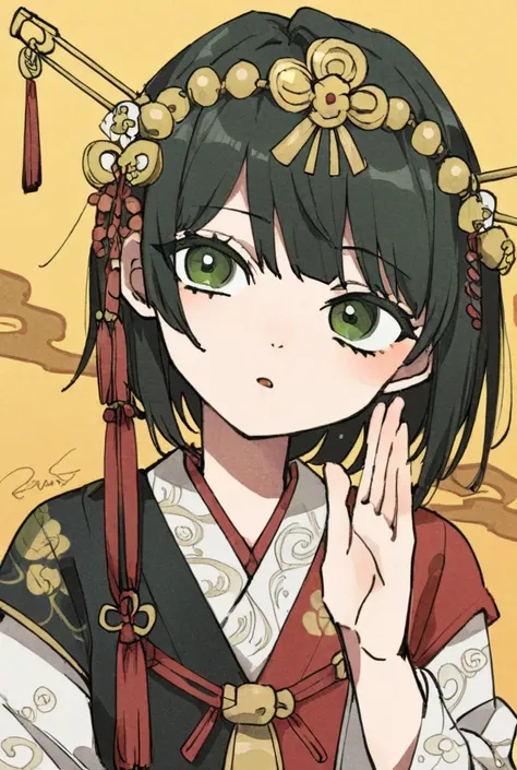 Female solo , black hair color,  short hair, Traditional clothing,  Hair Accessories ,  dark green eye color, regular expression  