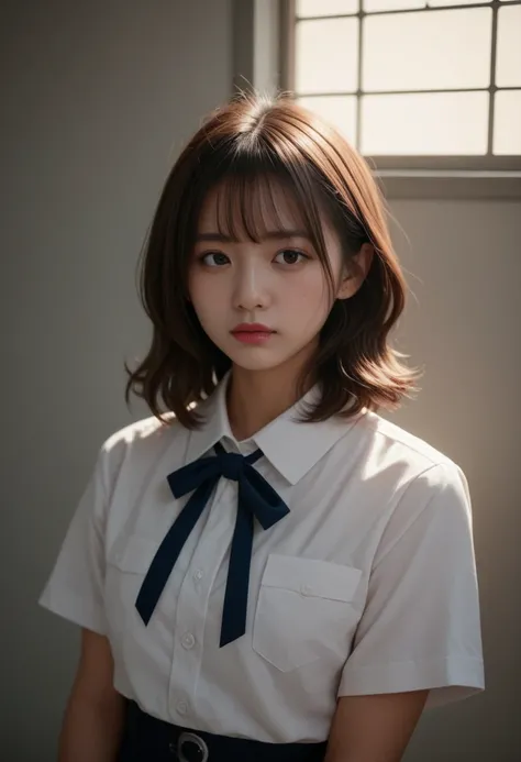  tan、 brown hair 、 high school girl、whole body、 gal、 miniskirt、uniform、front、 Japanese、roadside、Age 30、 medium hair、((  Delicate Facial Features ,  eroticism)), Dramatic lighting ,  realistic  , 8k,  dramatic shadows ,  Intricate and Elaborate Patterns  , ...