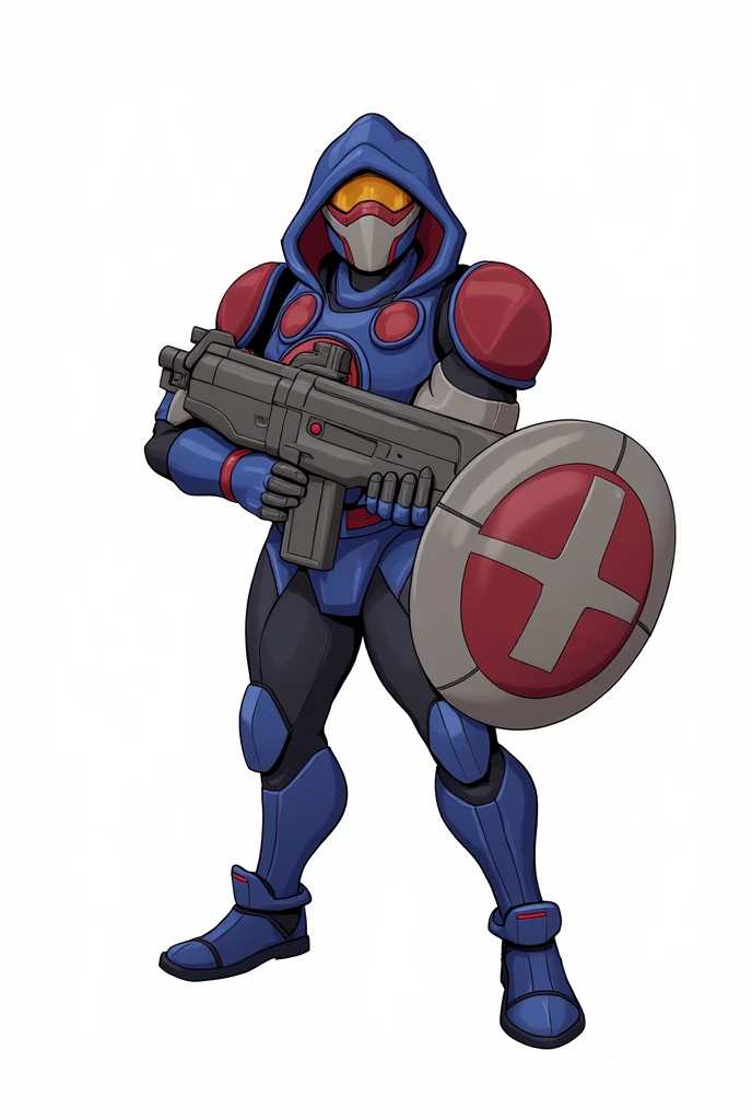  The design features a cartoon-like illustration of a character from the video game Overwatch. The character is wearing a blue and red outfit with a hood and a mask covering their face. They are holding a large gun in their right hand and a shield in their...