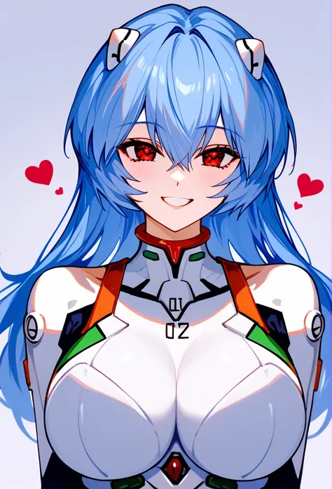  top quality , masterpiece,  748cm style ,  One girl ,,  watching viewers ,  ,  upper body, smile, masterpiece,  top quality , 1 girl,     Neon Genesis Evangelion 、Rei Ayanami、  blue hair、  long hair、  red eyes、 White Plug Suit、  simple background, smile、 ...