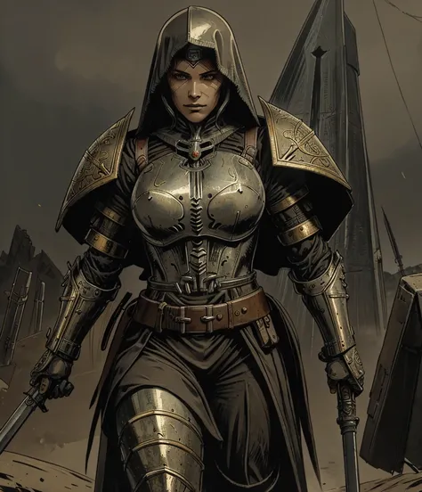 An extremely detailed hyper realistic photo depicting a woman who appears to be a mix between a nun and armored warrior and a wwi soldier wearing a fusion of medieval and wwi era armor with religious iconography and intricate scrollwork in metallic accents...