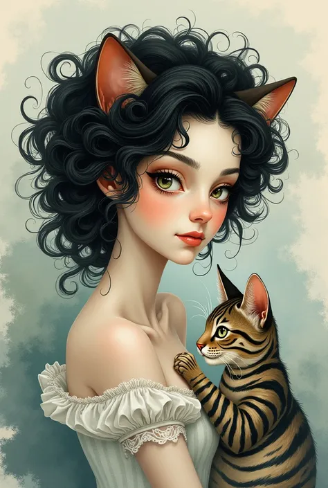 Create a drawing of a white woman with black curly hair with a striped cat and octpath