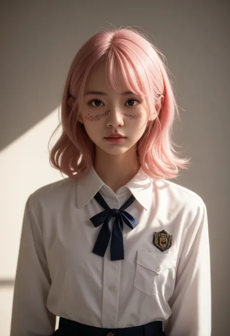  tan、 pink hair、 high school girl、whole body、 gal、 miniskirt、uniform、front、 Japanese、roadside、Age 30、 medium hair、((  Delicate Facial Features ,  eroticism)), Dramatic lighting ,  realistic  , 8k,  dramatic shadows ,  Intricate and Elaborate Patterns  ,  i...