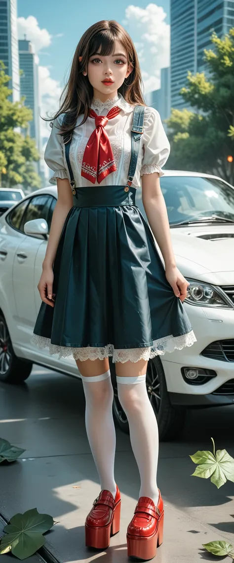 ((Highest quality)), 1 schoolgirl, ((young girl:1.5)), fitted curvy figure , cute curvy beautiful teenage schoolgirl, beautiful cute teen face with big lips , ((white transparent lace  blouse short puffy sleeves)) , ((High Waisted black shiny silk fluffy s...