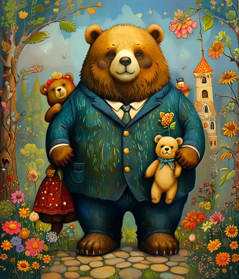 style of Julie Paschkis, (cute, chubby, male, bear), adorable, magical, fantasy, hires textures, highly detailed, intricate details, best quality, masterpiece, zPDXL3