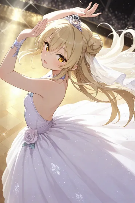 Blonde golden eyes ballerina girl dancing in a magic land wearing a white delicate dress