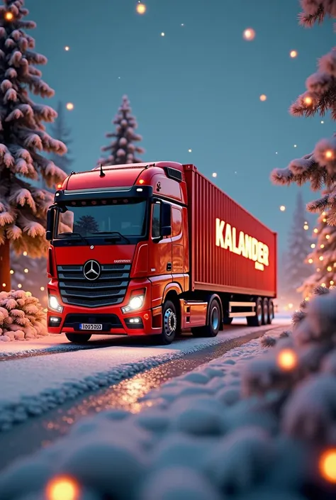 One container truck with container in Christmas background and write “ Kalander Transport” and Merry Christmas Greetings 