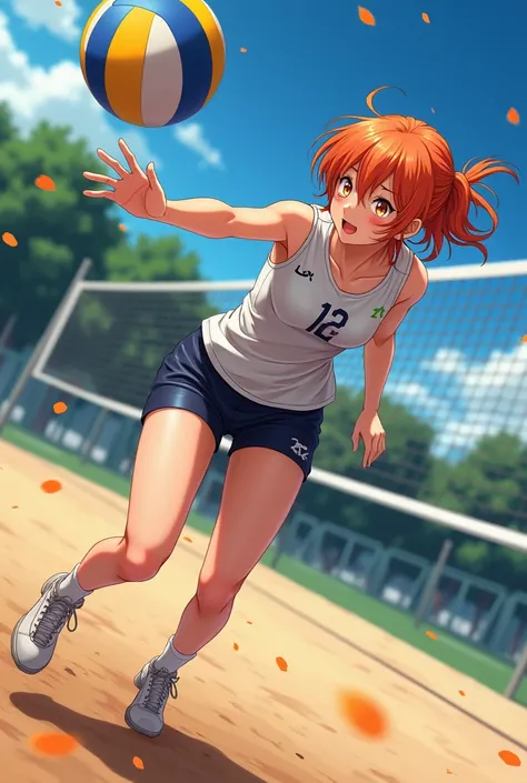 make anime character game about volleyball . and the pose is smash the ball . with orange hair and brown light eye.