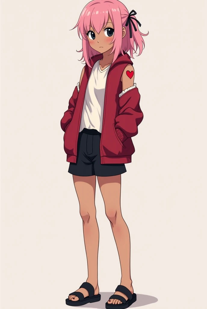 A girl with brown skin , pink hair,  black eyes , And a heart tattoo on the shoulder. wearing a red jacket, white wool blouse, a black short , and sandals.  A full body photo , 2D, naruto anime style. 