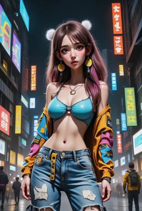  General Planning,   full body  :1.3,    drawing of a woman with tattoos and clothes 、 everything is drawn , shoes,   fasten the belt of my pants  , Top  ,   キャラクターアート cyberpunk 2077   ,   I can see the cyan bra   ,    Rasta Hair in a Ponytail   ,  earring...