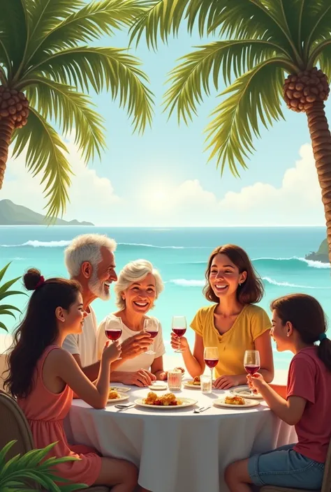 Family three generations grandpa grandma father mother young girls happy happy at the sea under palm trees enjoying their independence with wine glasses