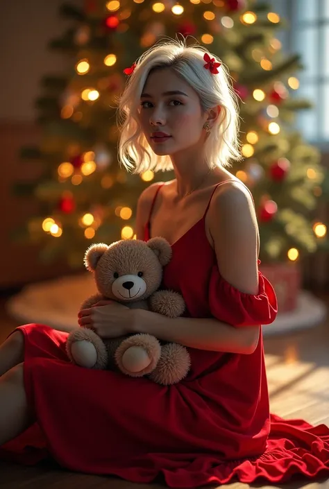 A 23 year old beautiful girl wearing red midi dress in white hair with cute hairstyle holding a teddy. She is giving cute expression. Sitting on a wooden floorbehind her a Christmas tree. In dark and low light. Realistic and hd image