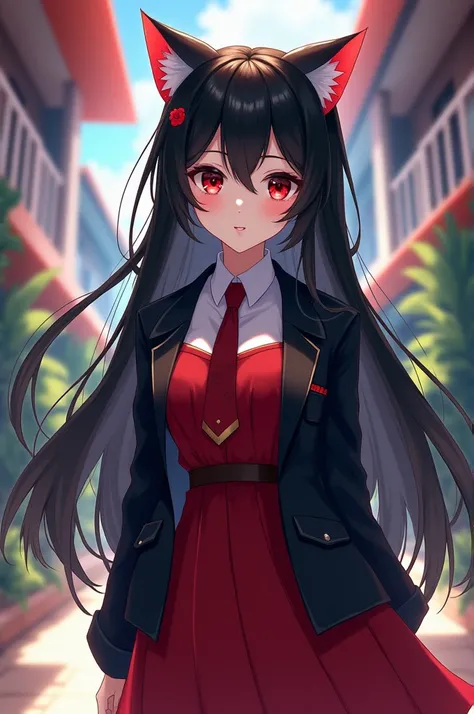 Female anime white skin black hair long school uniform Indonesia high school dress red eyes wear black jacket red eyes wear black cat ears 