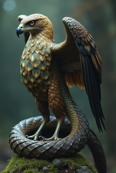 Create a realstic image for"Conjure a fantastical creature that blends the elegance of a hawk with the deadly precision of a snake. Its body is serpentine, winding and coiling like a snake, but covered in iridescent feathers that shimmer like a hawk’s wing...