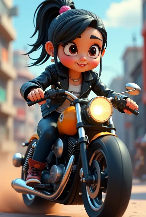 3d cartoon girl with black leather jacket with the name MERY D WILLIAM on her chest who is riding a motorcycle 