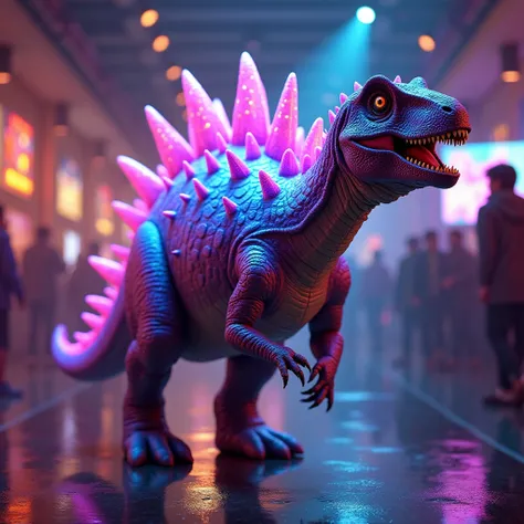 A Stegosaurus moving rhythmically, with its shiny, colorful plates glowing under the disco lights.