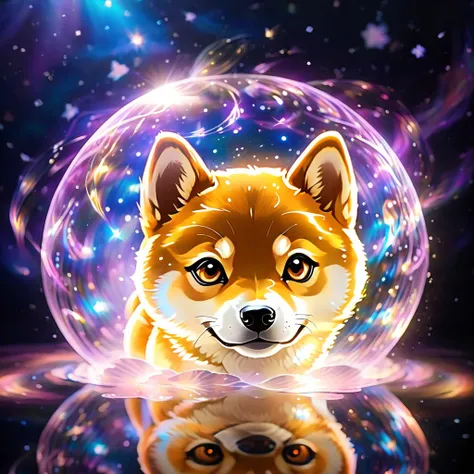 ((A cute Shiba Inu baby with clear, radiant energy))、The shining energy emitted by Chibi Shiba Inus becomes a particle of light 、 forms intricate patterns that show ripples and changes over time。 the energy that makes up the universe gathers 、Eventually, t...