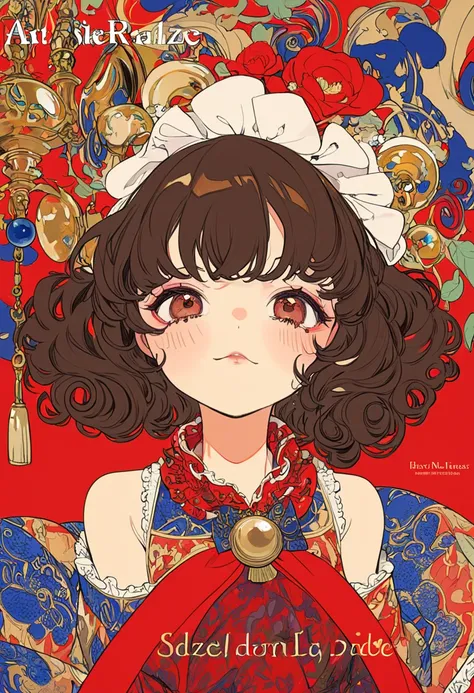 Red Cloak and Bells, 1 dolly girl, solo, little fat, brown eyes, forehead, black messy curly bob hair, drooping eyes, very cute, close mouth, elegant pose, drunk, palace, luxury, majesty, patterned chemise, magazine cover, english text, Egon Schiele: Expre...